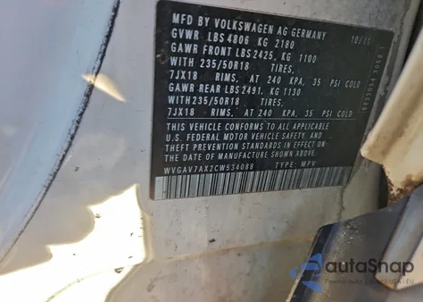 2012 Volkswagen Tiguan S z USA, uszkodzony, nr VIN WVGAV7AX2CW534088